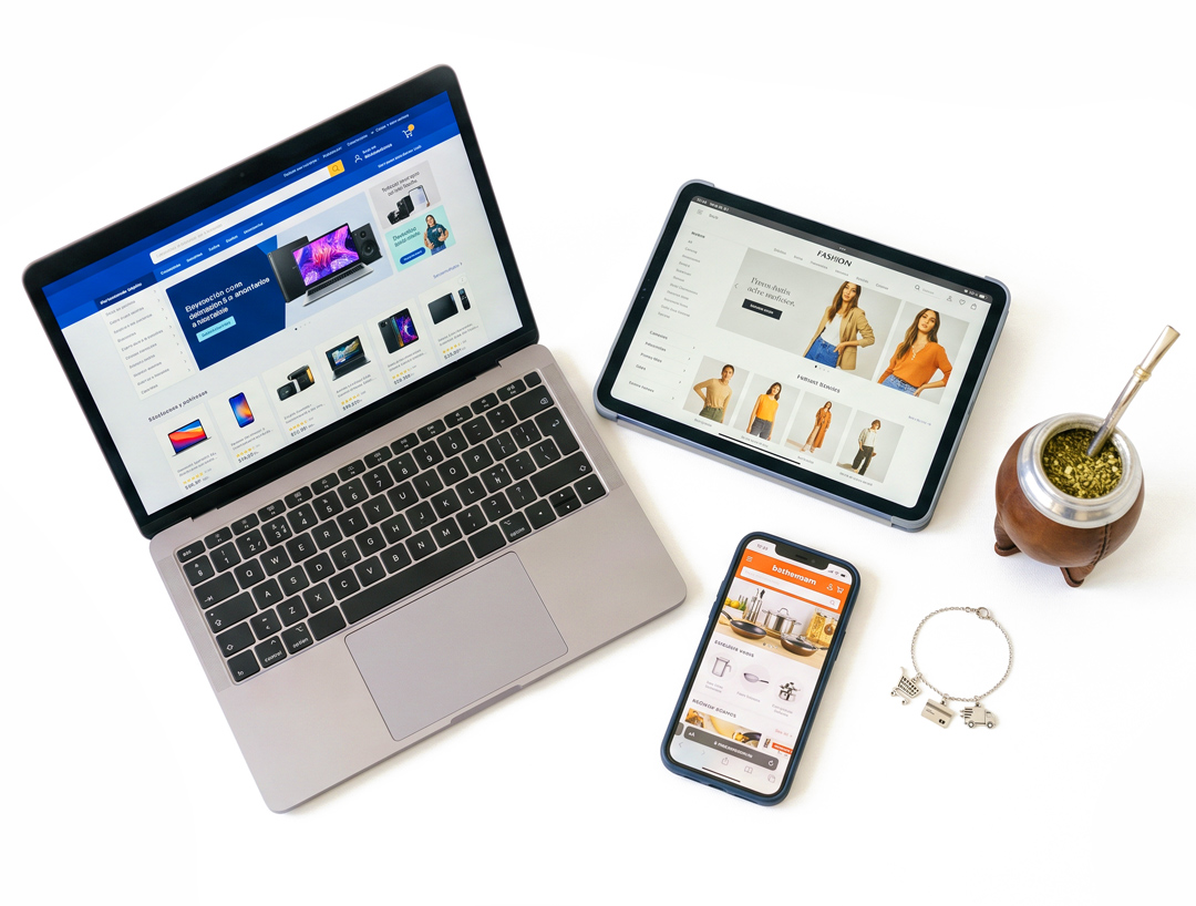 Una tienda online vista en computadora, tableta y teléfono, junto a un mate