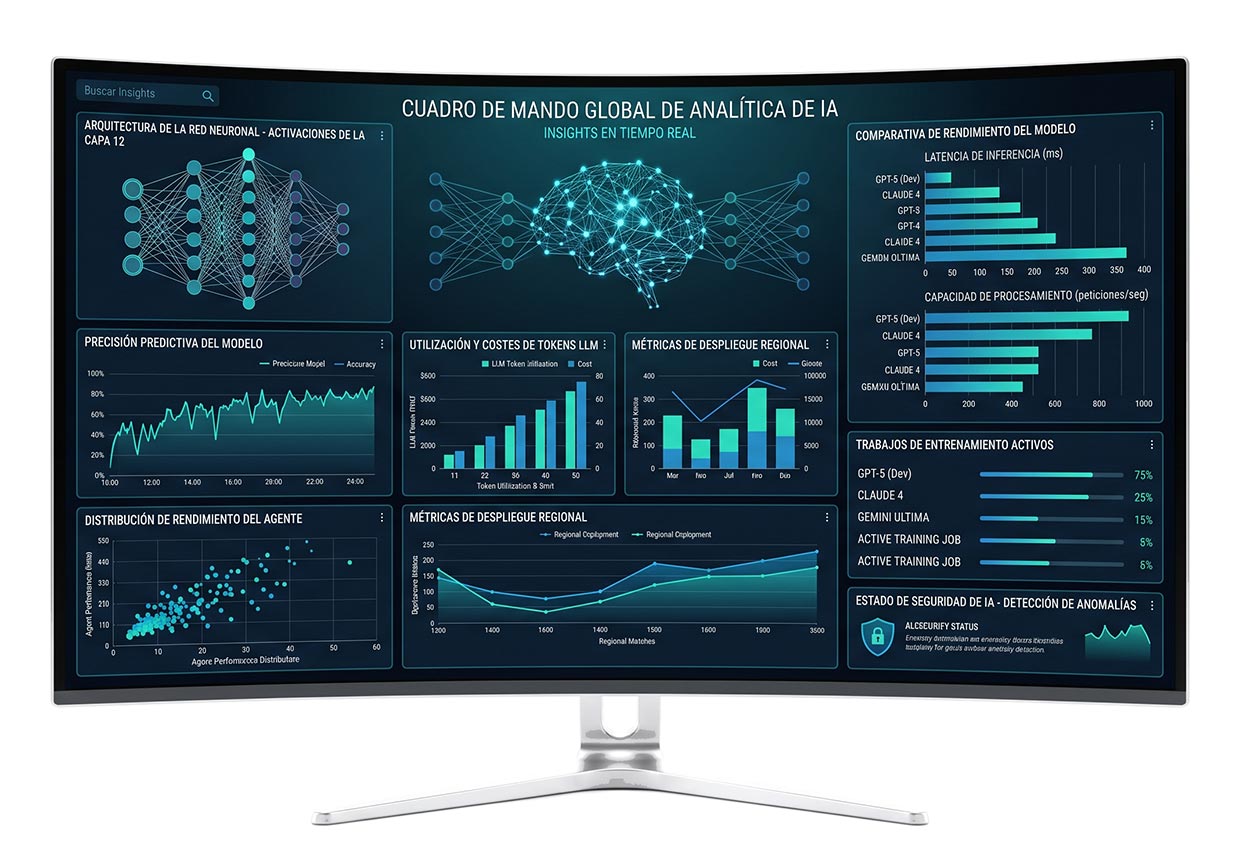 Un monitor con un tablero de analítica de inteligencia artificial