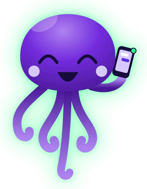 Pulpo, el agente de IA de PulpoGestión, con un celular en la mano