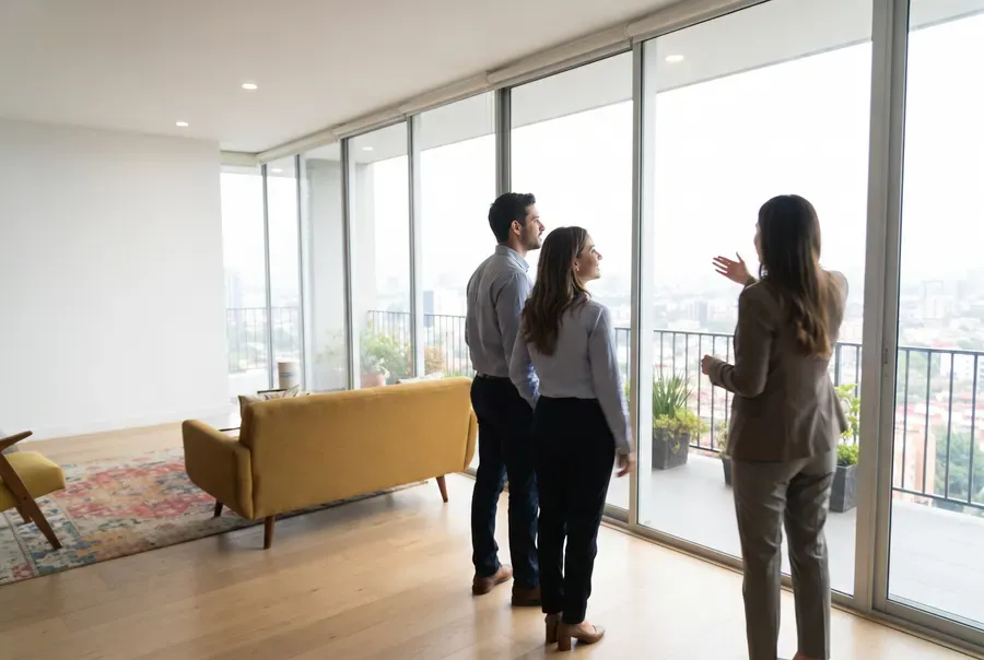 Una agente inmobiliaria mostrando un departamento