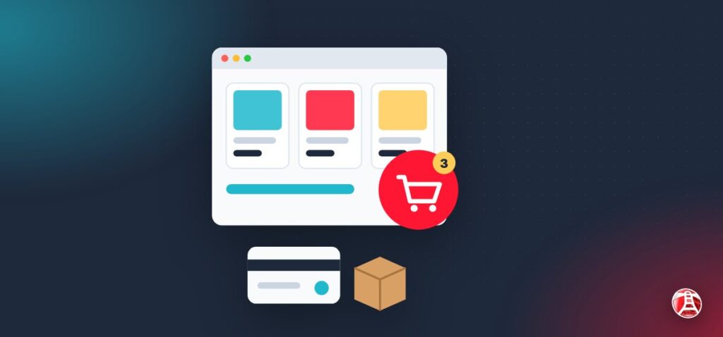 Ilustración: una tienda online con tres productos, el carrito con tres artículos, una tarjeta de pago y una caja de envío