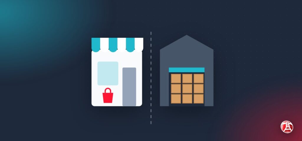 Ilustración: un local a la calle y un depósito con cajas, separados por una línea