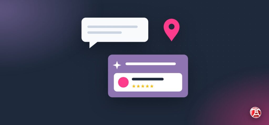 Ilustración: un mensaje de chat, un pin de ubicación y la ficha de un negocio recomendado con cinco estrellas
